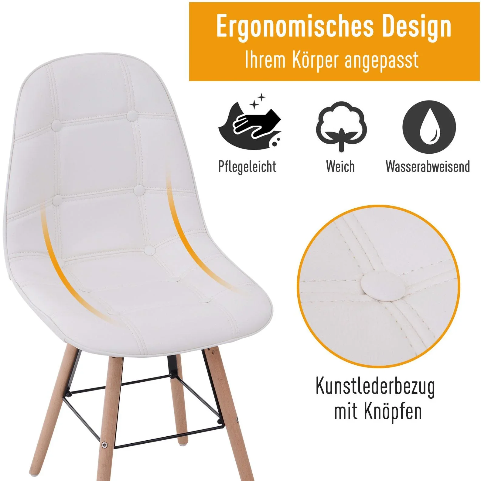 2er-Set Küchenstuhl Esszimmerstuhl mit Rückenlehne Polstersessel Kunstleder Cremeweiß 50 x 44 x 83 cm - 5