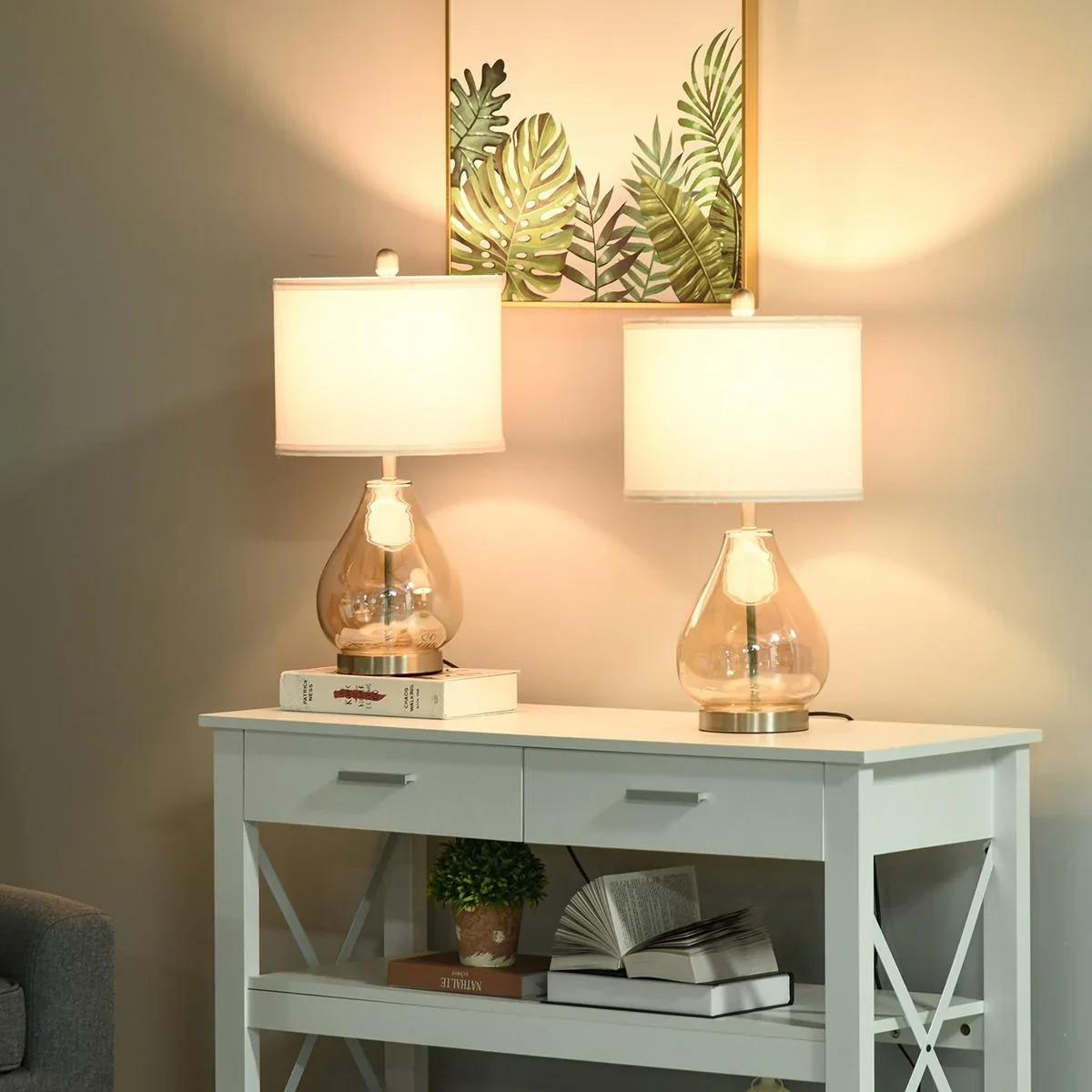 2er-Tischlampenset mit Leinen-Lampenschirm weiß/silber/bernstein - 5