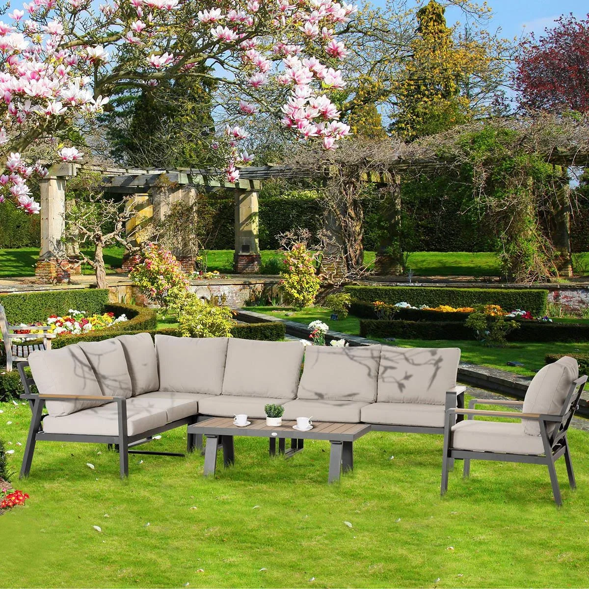 Loungeset - L-Sitzer 6 Personen - Creme/Weiß - 1