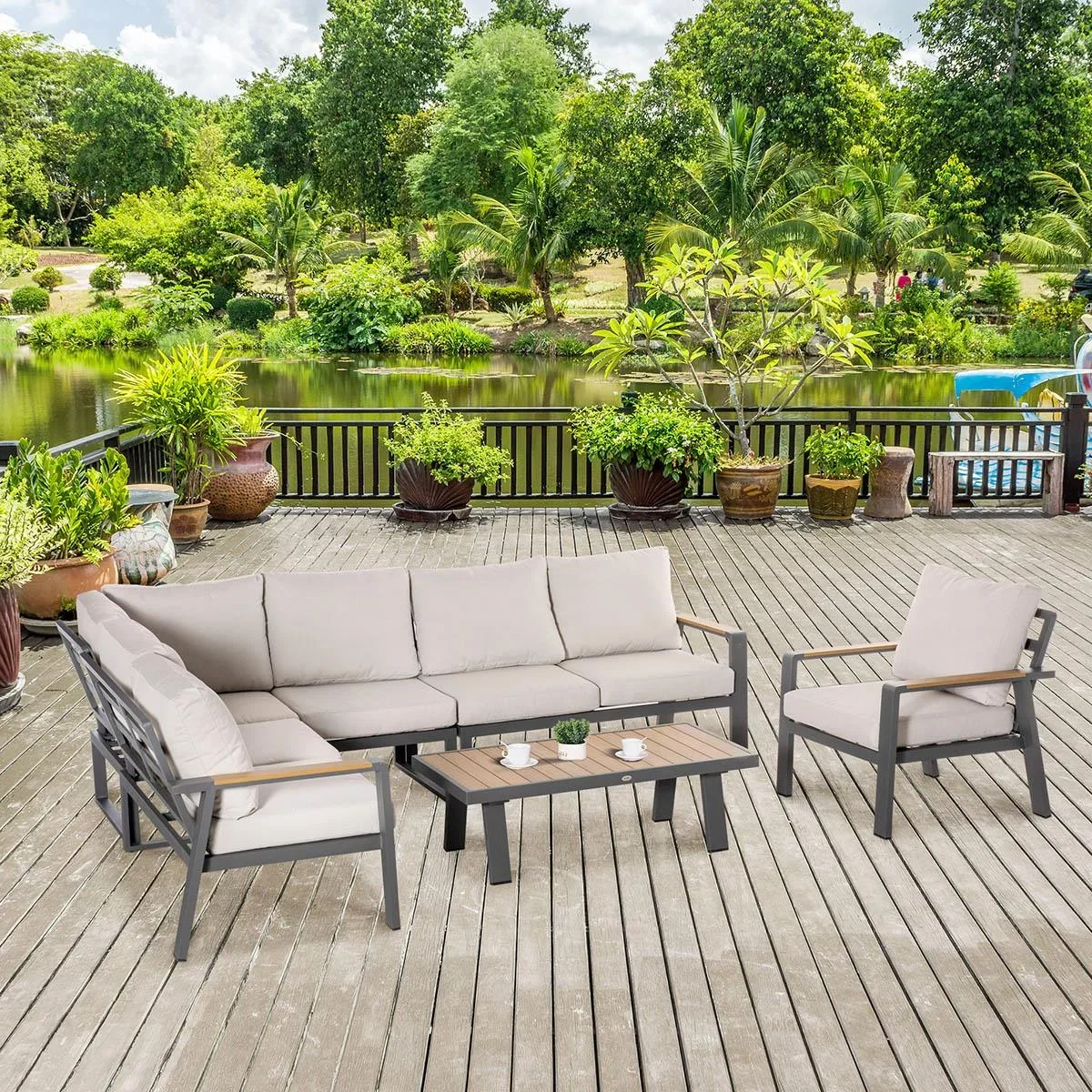 Loungeset - L-Sitzer 6 Personen - Creme/Weiß - 2