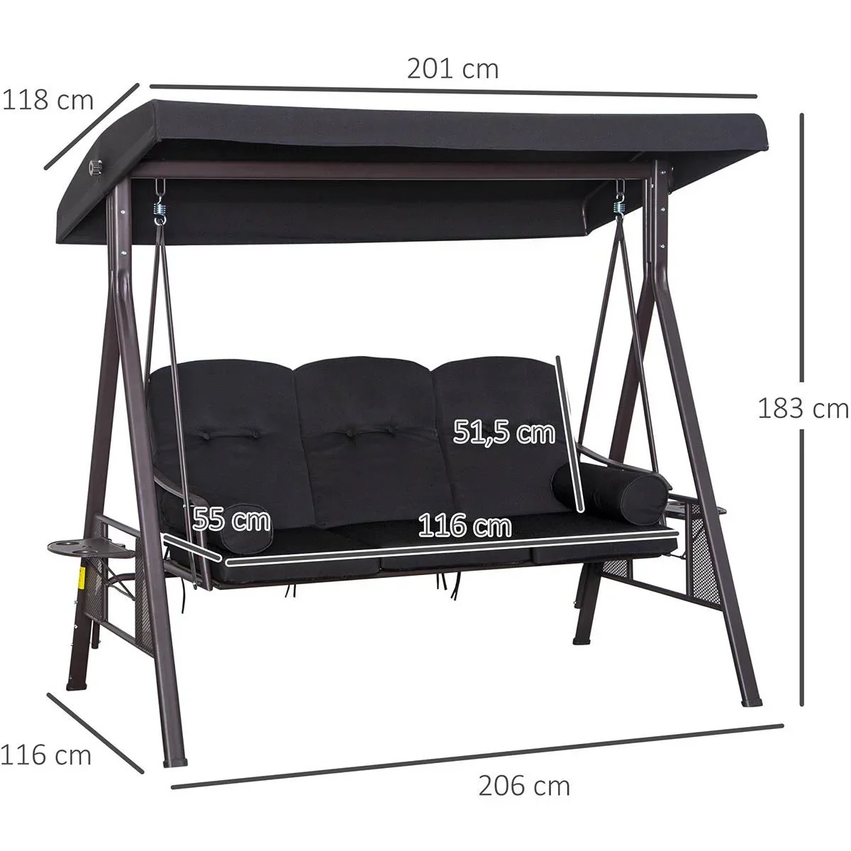 3-Sitzer Hollywoodschaukel mit Sonnenschirm Schwarz 116 x 206 x 183 cm - 1