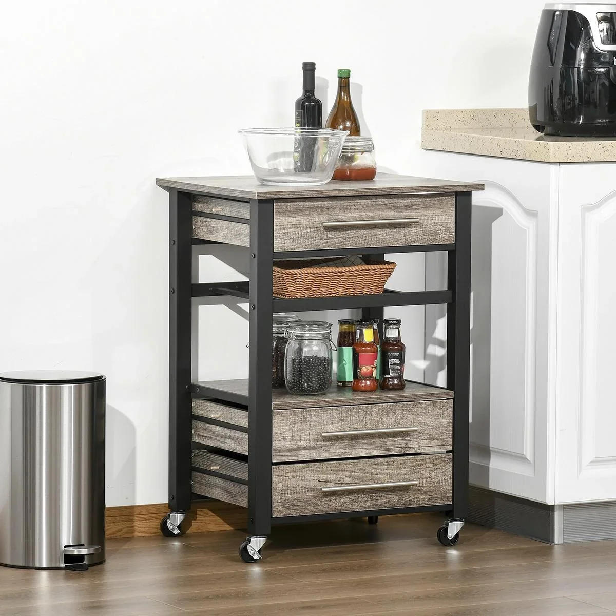 Küchenwagen Küchenrollwagen Servierwagen mit Schublade Ablage Spanplatte Metall Grau Eiche 60 x 50 x 84,5 cm - 1
