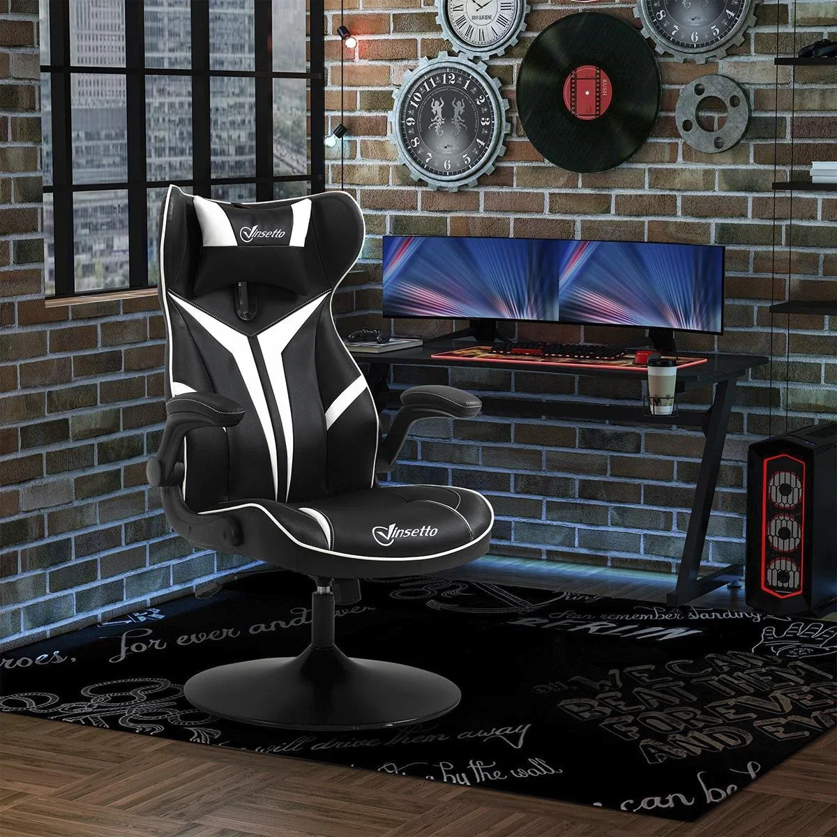 Gaming Stuhl ergonomischer Computerstuhl mit Wippfunktion Drehstuhl höhenverstellbar Stahl Schwarz+Weiß 67 x 75 x 106-11 - 1