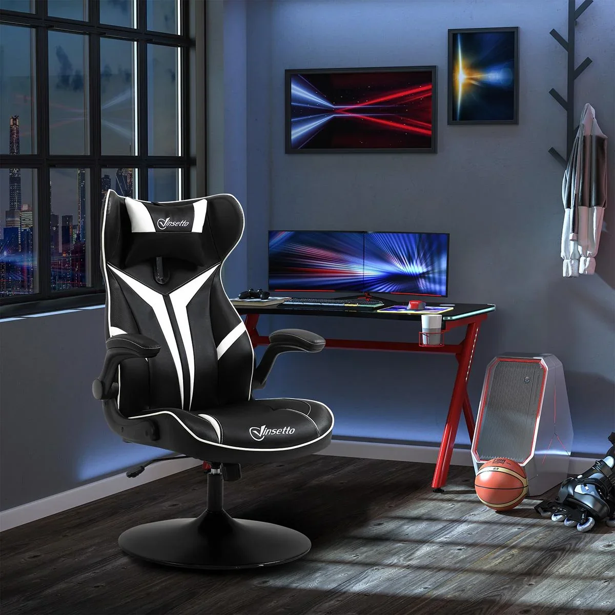 Gaming Stuhl ergonomischer Computerstuhl mit Wippfunktion Drehstuhl höhenverstellbar Stahl Schwarz+Weiß 67 x 75 x 106-11 - 2