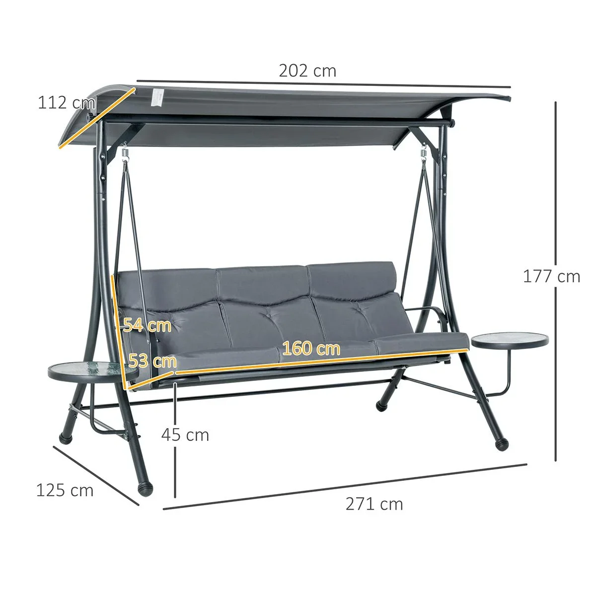 Hollywoodschaukel 3-Sitzer Gartenschaukel Schaukelbank mit verstellbarem Sonnendach Teetisch Stahl Polyester Grau+Schwar - 0