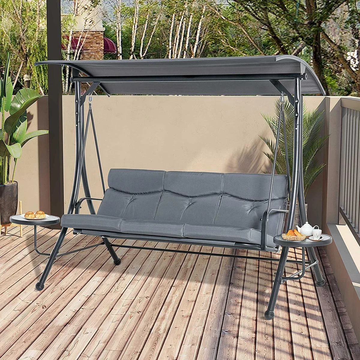 Hollywoodschaukel 3-Sitzer Gartenschaukel Schaukelbank mit verstellbarem Sonnendach Teetisch Stahl Polyester Grau+Schwar - 1