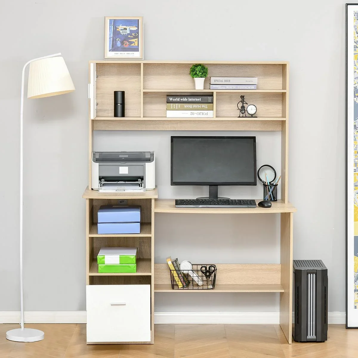 Schreibtisch Computertisch mit Bücherregal Home-Office Eiche Weiß Spanplatte 120 x 60 x 160 cm Bürotisch Schublade und A - 0