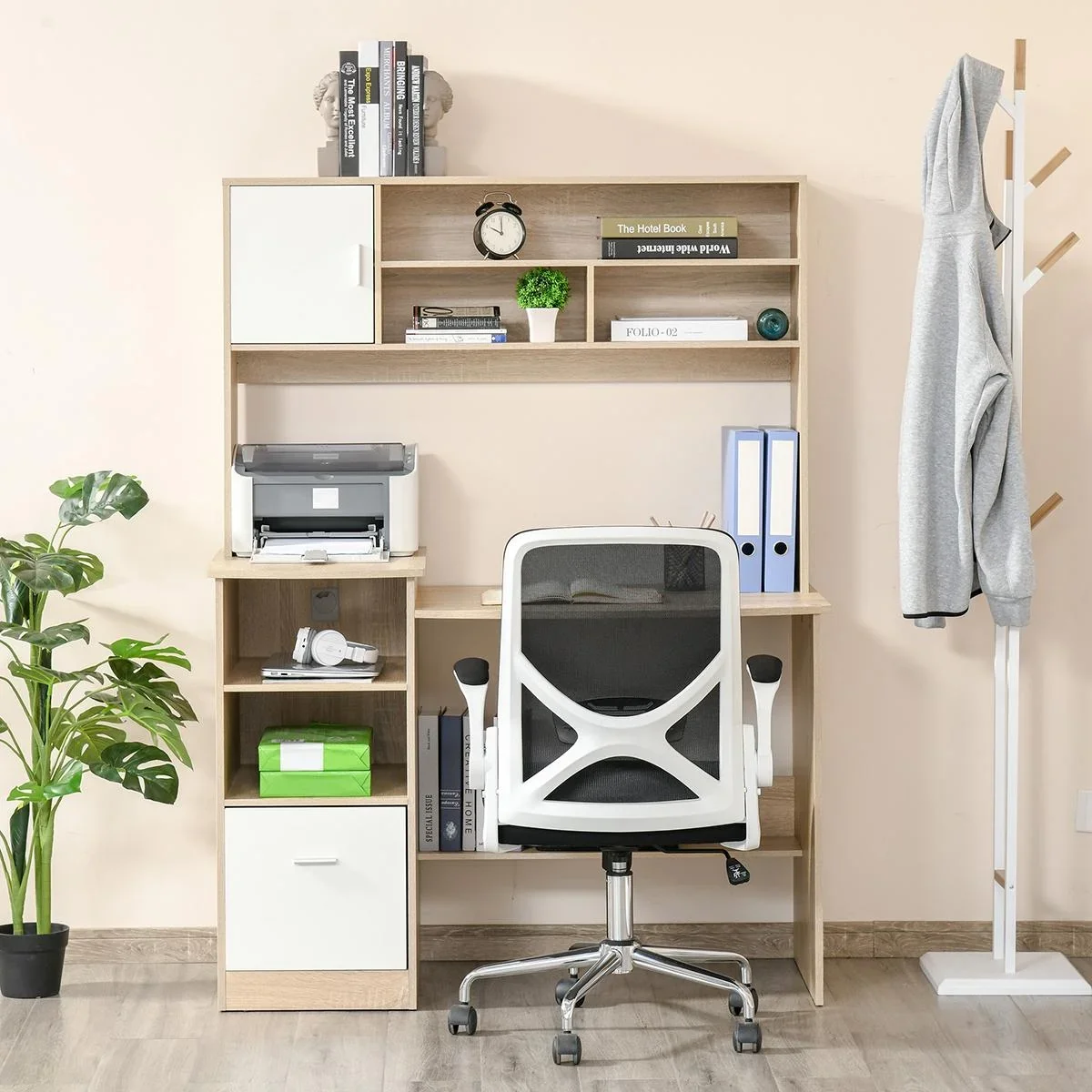 Schreibtisch Computertisch mit Bücherregal Home-Office Eiche Weiß Spanplatte 120 x 60 x 160 cm Bürotisch Schublade und A - 1