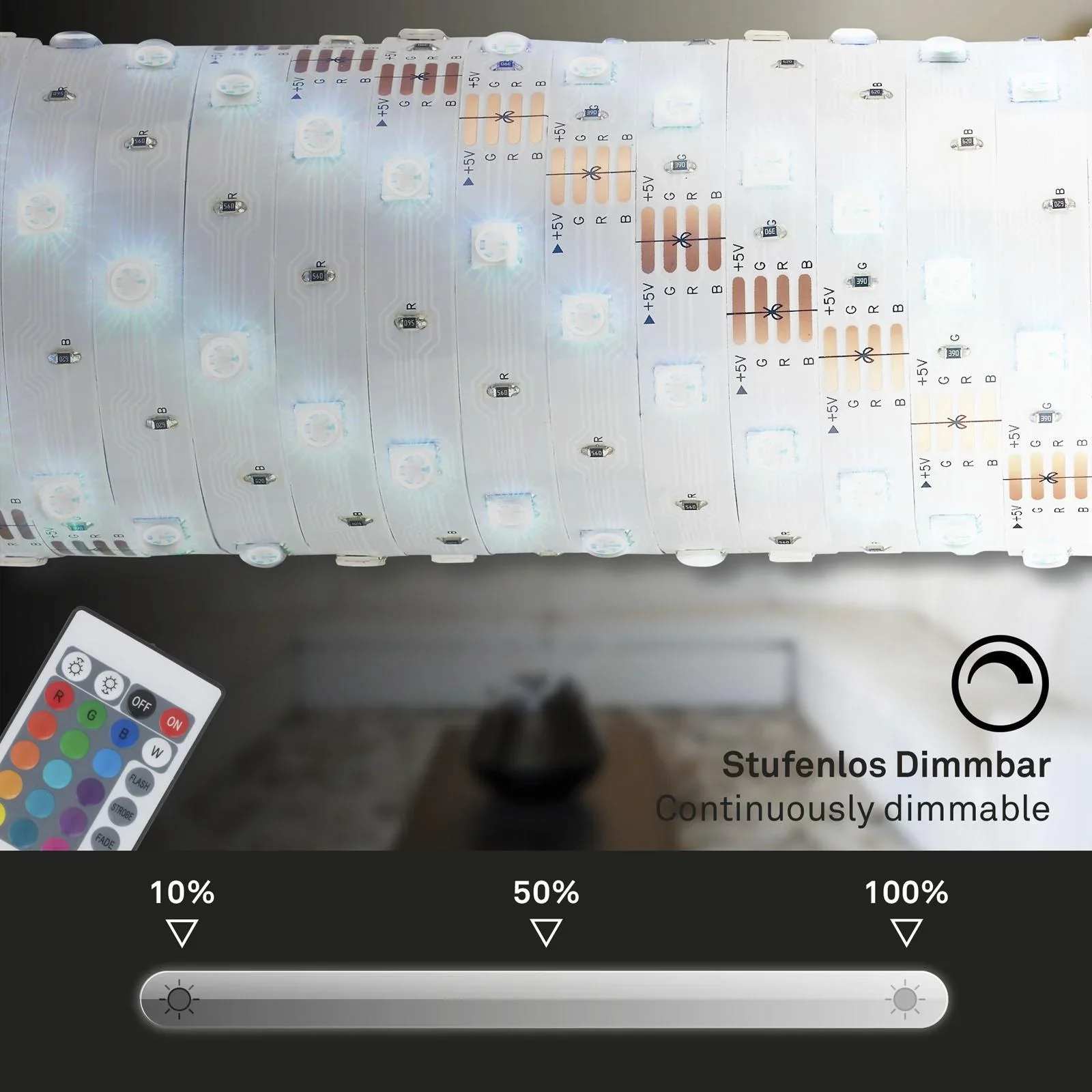 USB RGB-LED Flexband, 5 m, 150 RGB-LEDs, inkl.Fernbedienung, Farbwechsel, selbstklebend - 1