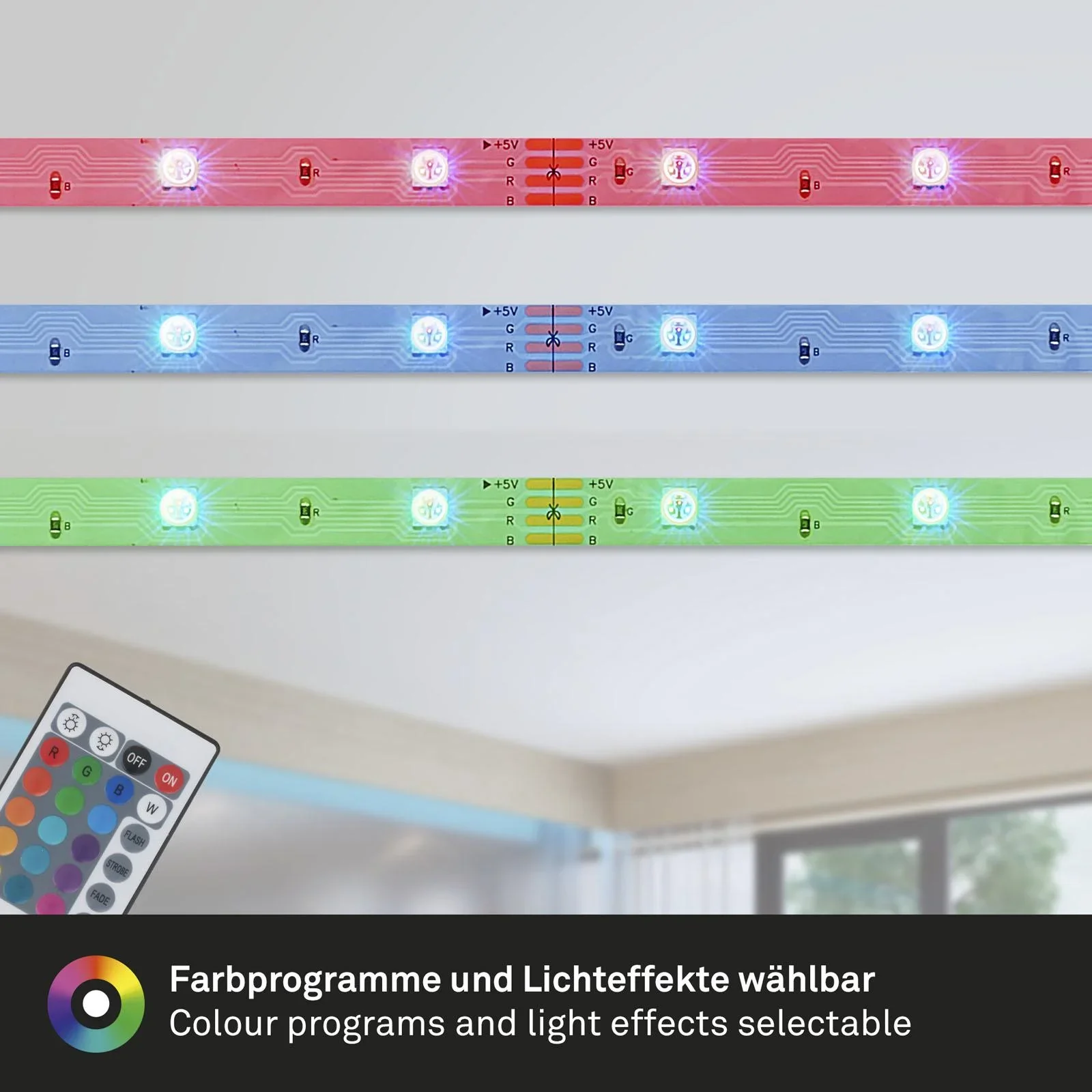 USB RGB-LED Flexband, 5 m, 150 RGB-LEDs, inkl.Fernbedienung, Farbwechsel, selbstklebend - 3