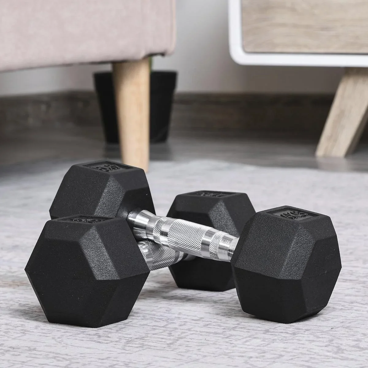 2er-Set Gummi-Hantel 4 KG Fitness Hantel Kurzhantel für Trainingsraum Büro sechseckige Form Metall Gummi Schwarz - 1