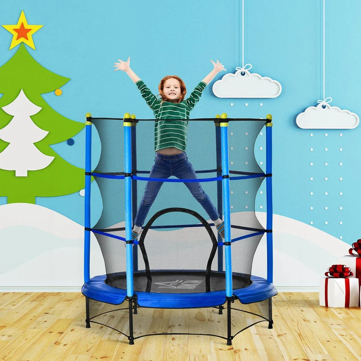 Trampolin für Kinder Ø140 cm Fitness-Trampolin mit Sicherheitsnetz Randabdeckung Gummiseil gepolstert Indoor Outdoor Spr - 1