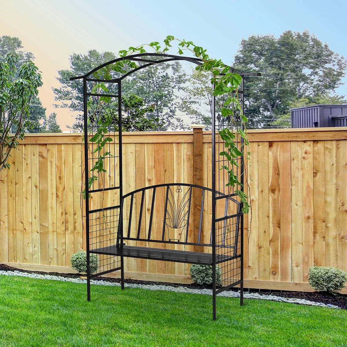 Pflanzbogen mit Bank Sitzbank Torbogen Rankgitter Rankhilfe Garten Bogendach Metall Schwarz 152 x 58 x 207 cm - 0