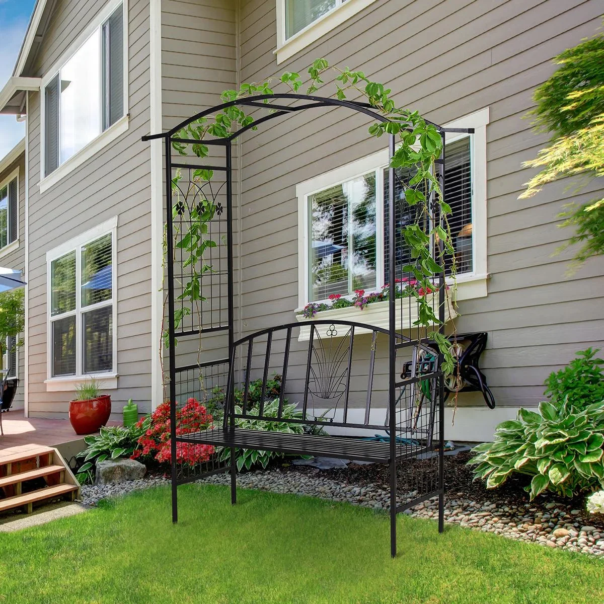 Pflanzbogen mit Bank Sitzbank Torbogen Rankgitter Rankhilfe Garten Bogendach Metall Schwarz 152 x 58 x 207 cm - 1