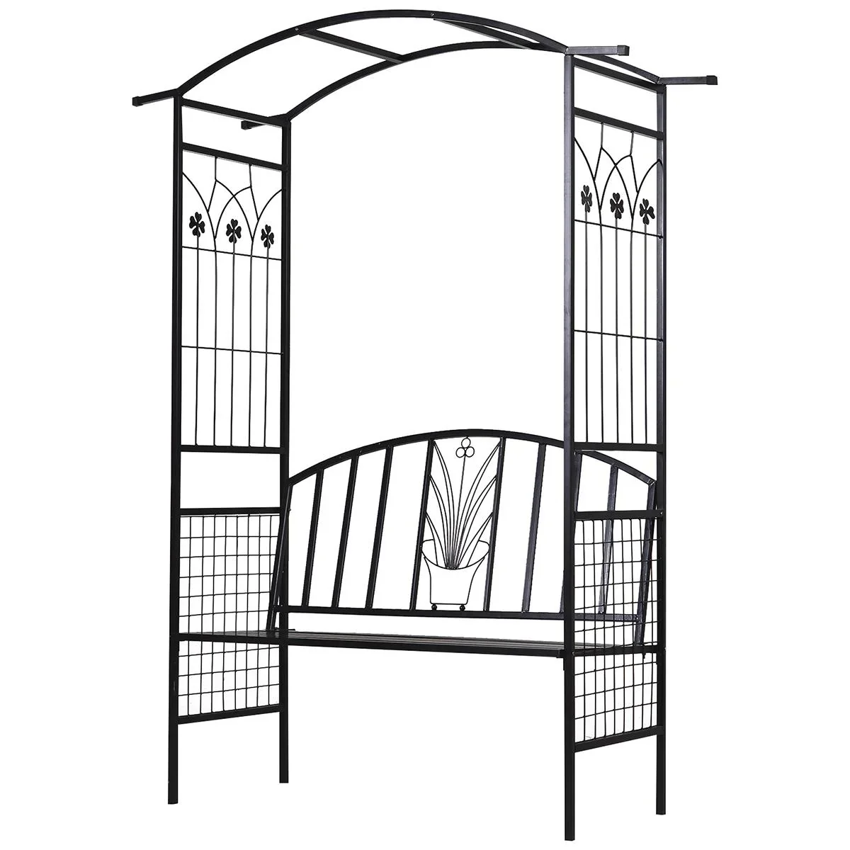 Pflanzbogen mit Bank Sitzbank Torbogen Rankgitter Rankhilfe Garten Bogendach Metall Schwarz 152 x 58 x 207 cm - 2