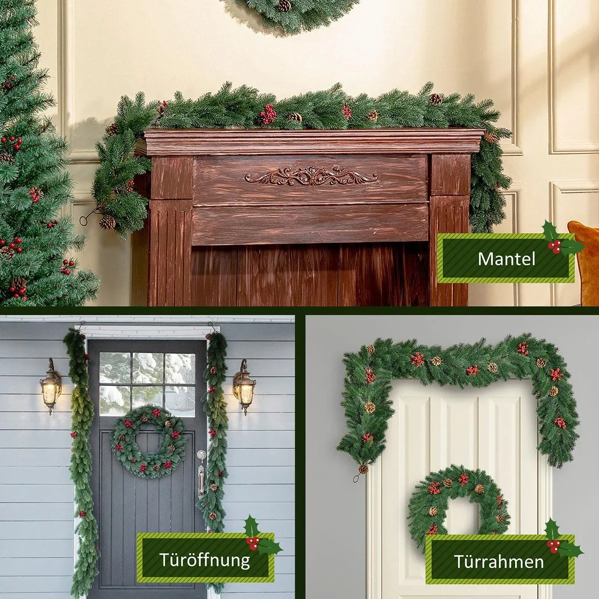 1,9M künstliche Weihnachtsgirlande Blumendekoration mit Tannenzapfen Beeren - 3