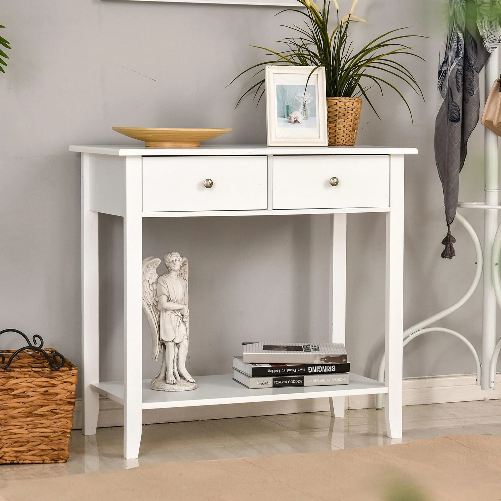 Beistelltisch mit 2 Schubladen, Massivholz weiß - 3