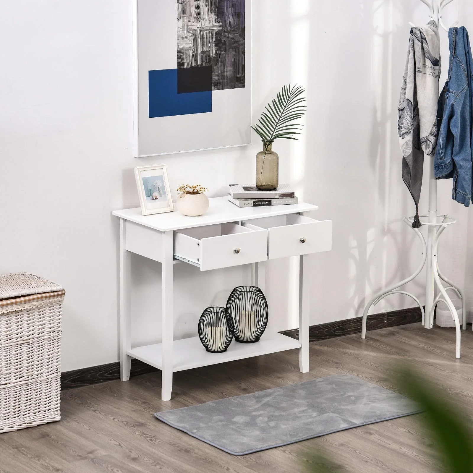 Beistelltisch mit 2 Schubladen, Massivholz weiß - 4