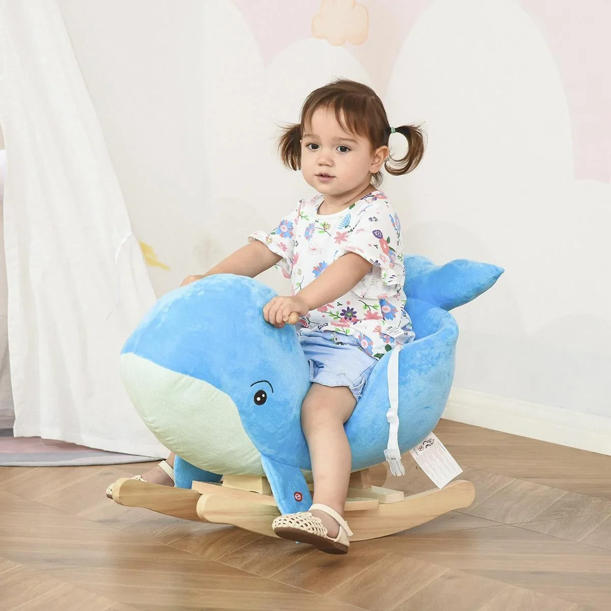 Schaukelpferd mit Wal-Design Sound Plüsch Schaukeltier Babyschaukel Spielzeug für 18-36 Monaten Kinder Pappelholz Blau 6 - 0