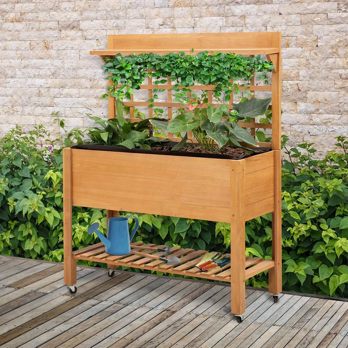 Hochbeet Pflanztisch Blumentisch Arbeitstisch Gärtnertisch Gewächshaus Holzpflanztisch für Garten Balkon, 105 x 45 x 135 - 0