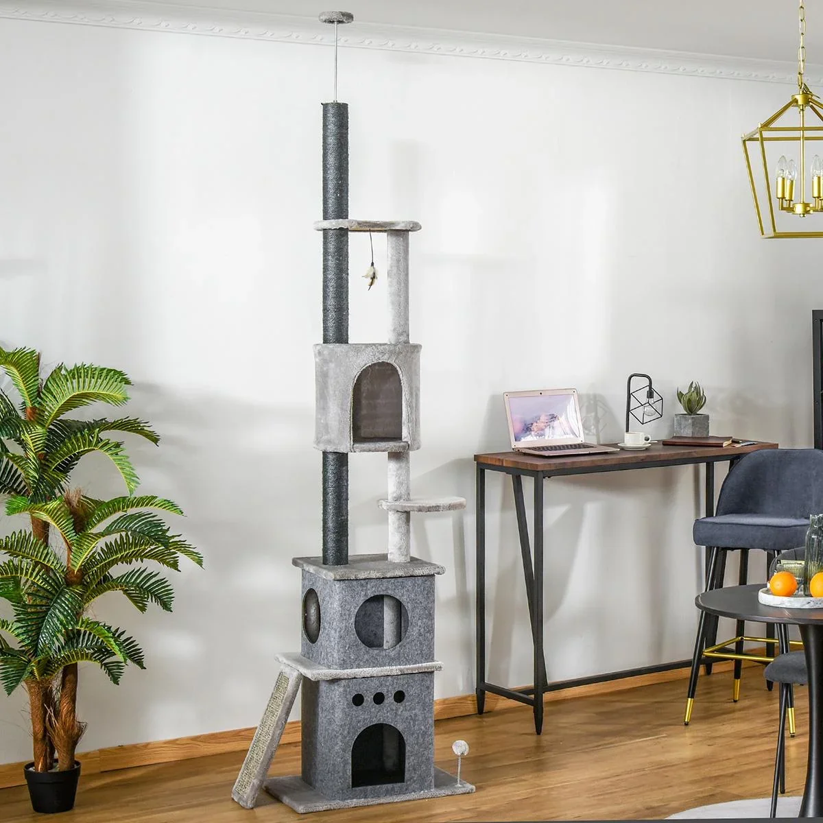 Kratzbaum Katzenbaum Deckenhoch Kletterbaum mit Katzenspielzeug Sisal Plüsch Hellgrau höhenverstellbar 60 x 40 x 225-255 - 2