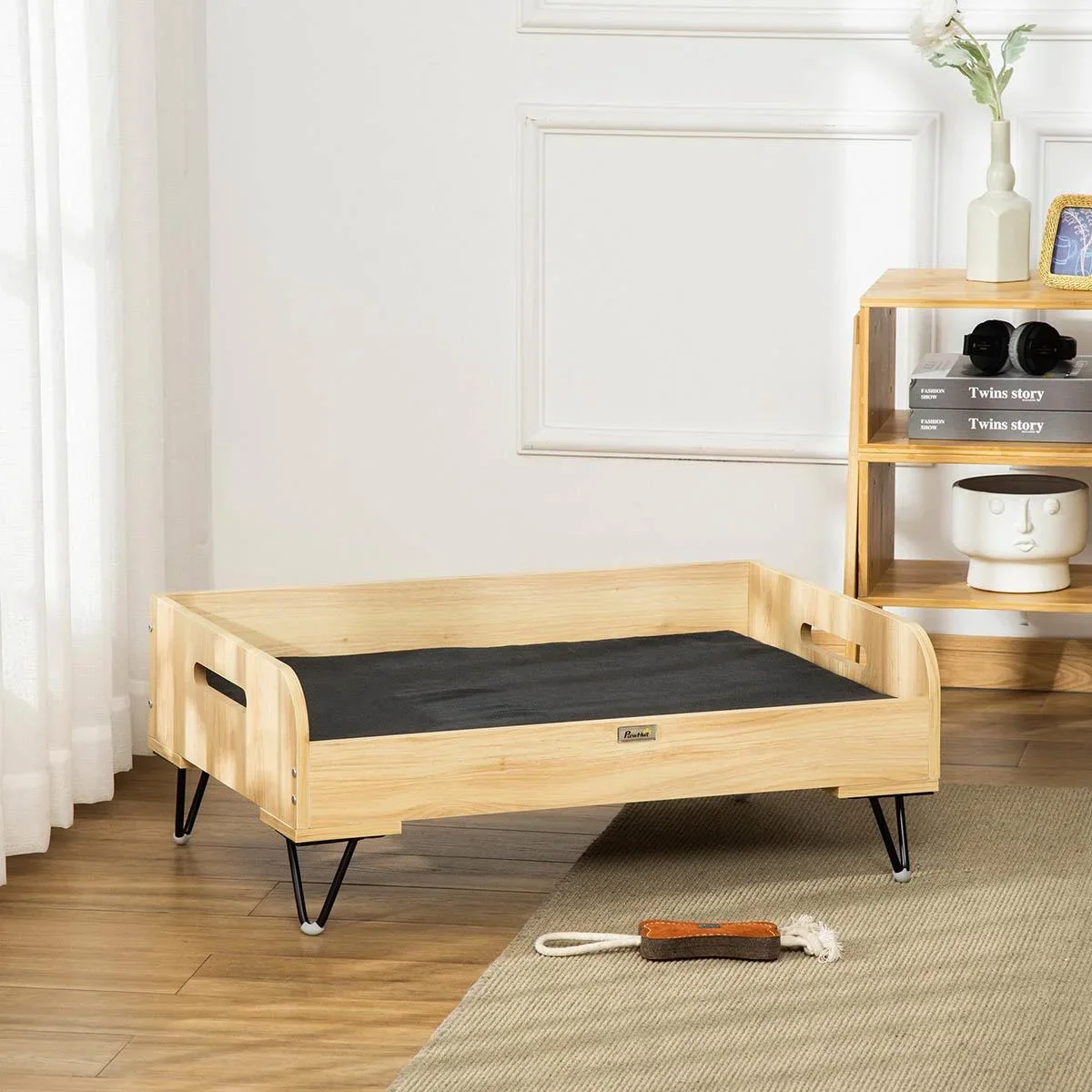 Hundehochbett mit Schutzrand und Transportgriffen, Eiche+Schwarz, 82 x 56 x 31,5 cm - 1