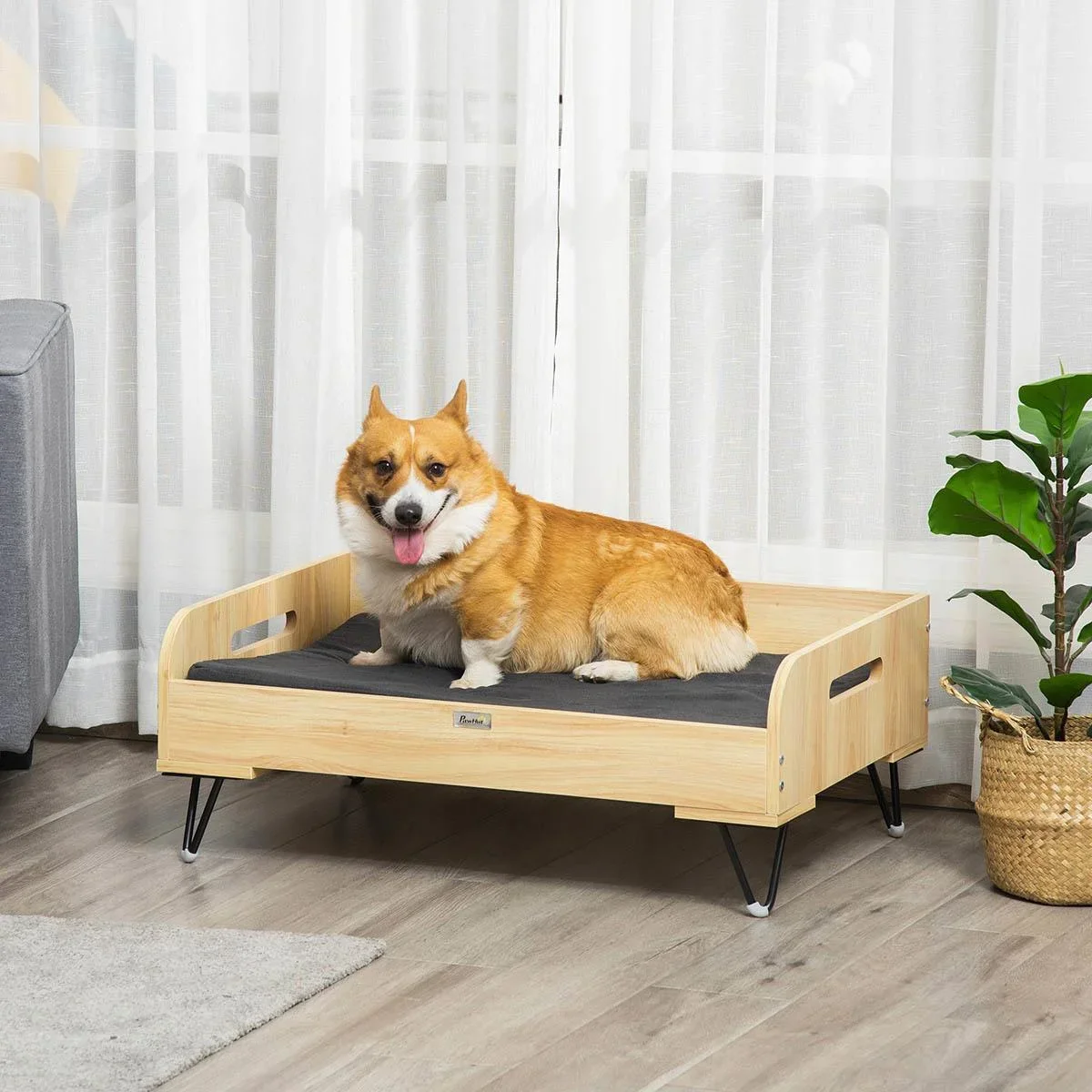 Hundehochbett mit Schutzrand und Transportgriffen, Eiche+Schwarz, 82 x 56 x 31,5 cm - 3