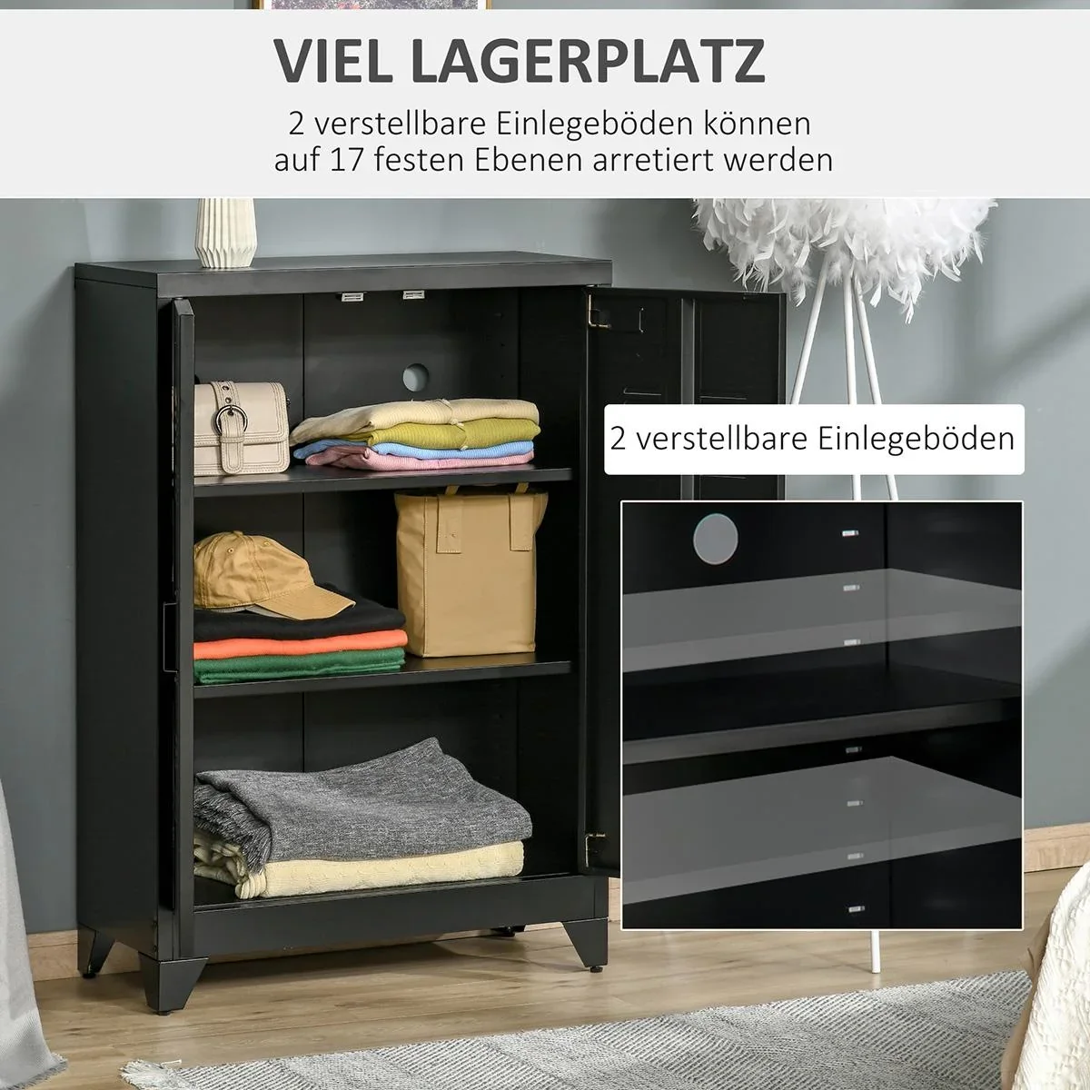 Sideboard Aktenschrank mit Lamellentüren Kleiderschrank Lagerschrank industriell Metall Schrank mit 2 verstellbaren Einl - 1