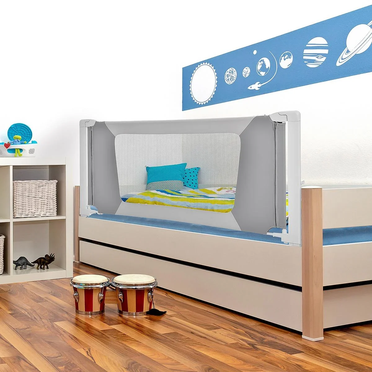 Bettgitter Kinderbettgitter mit L-förmigen Stützbeinen Krippengeländer 18 Monate bis 5 Jahre Kindergitterzaunmöbel Grau - 0