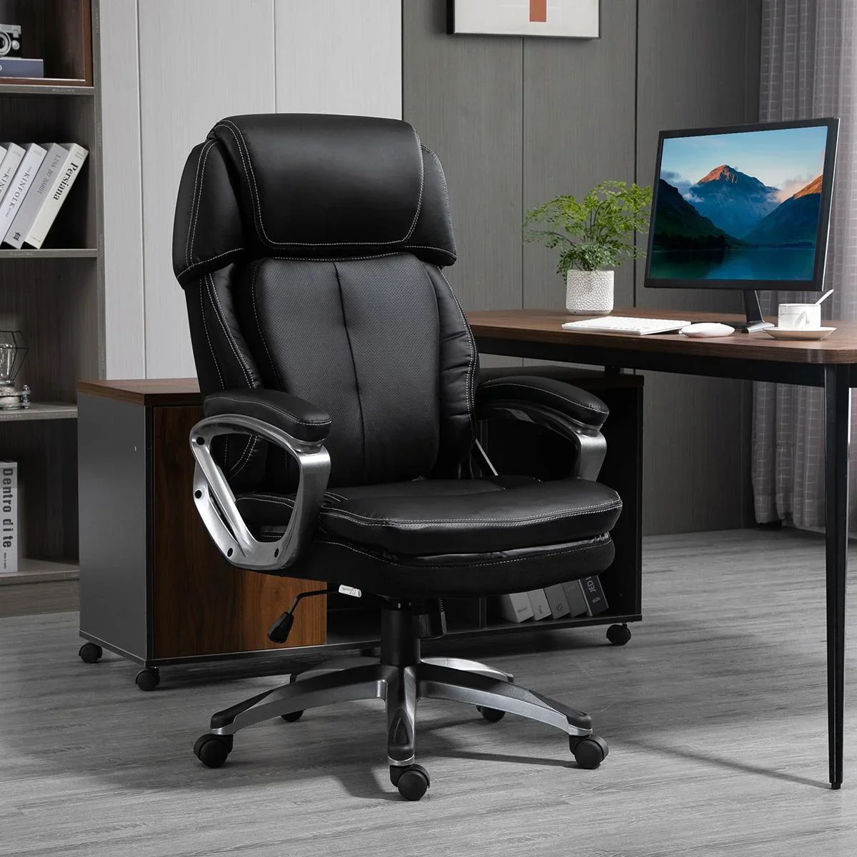 Bürostuhl Computerstuhl mit Wippenfunktion Kopfstütze ergonomischer Schreibtischstuhl drehbar höhenverstellbar Kunstlede - 0