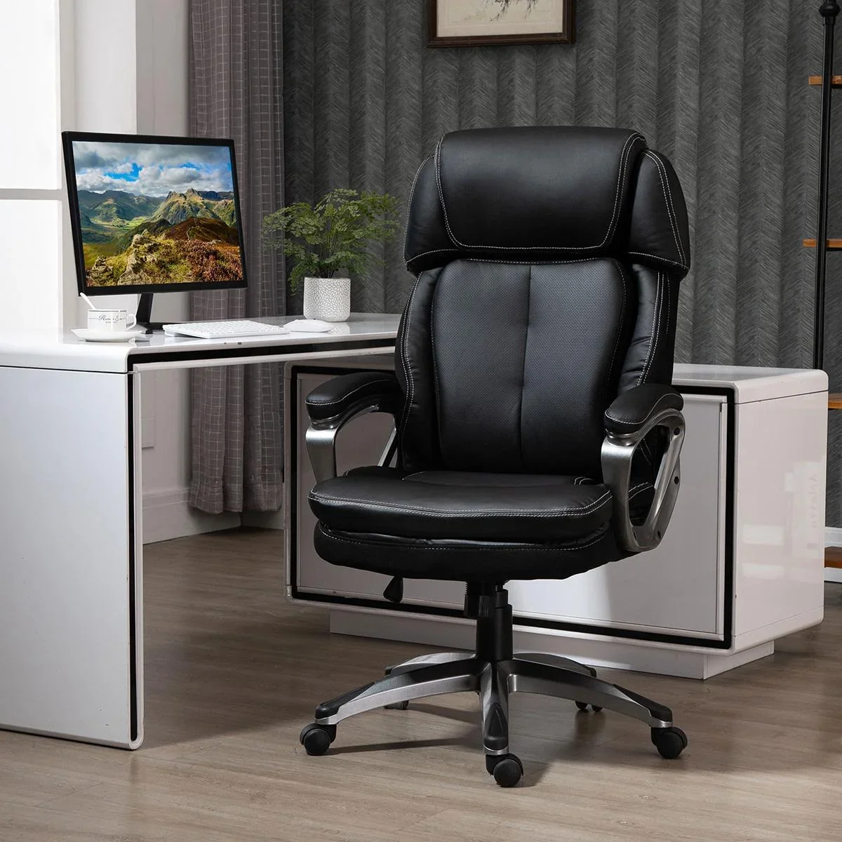 Bürostuhl Computerstuhl mit Wippenfunktion Kopfstütze ergonomischer Schreibtischstuhl drehbar höhenverstellbar Kunstlede - 1