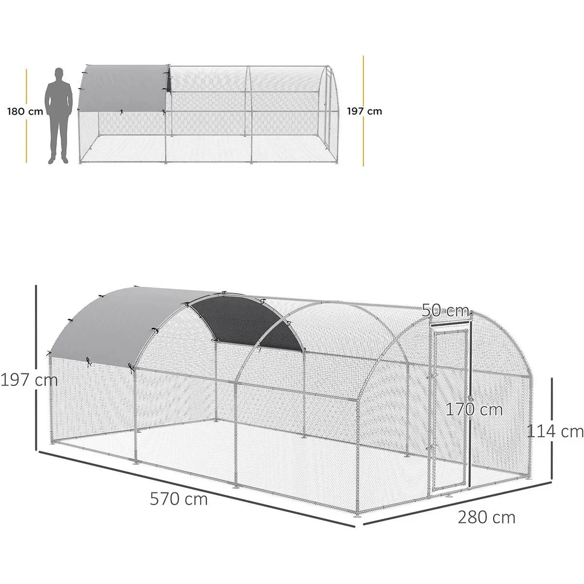 XXL Hühnerstall - verzinkter Stahl - mit Beschattungsanlage - 280 x 570 x 197 cm - 2