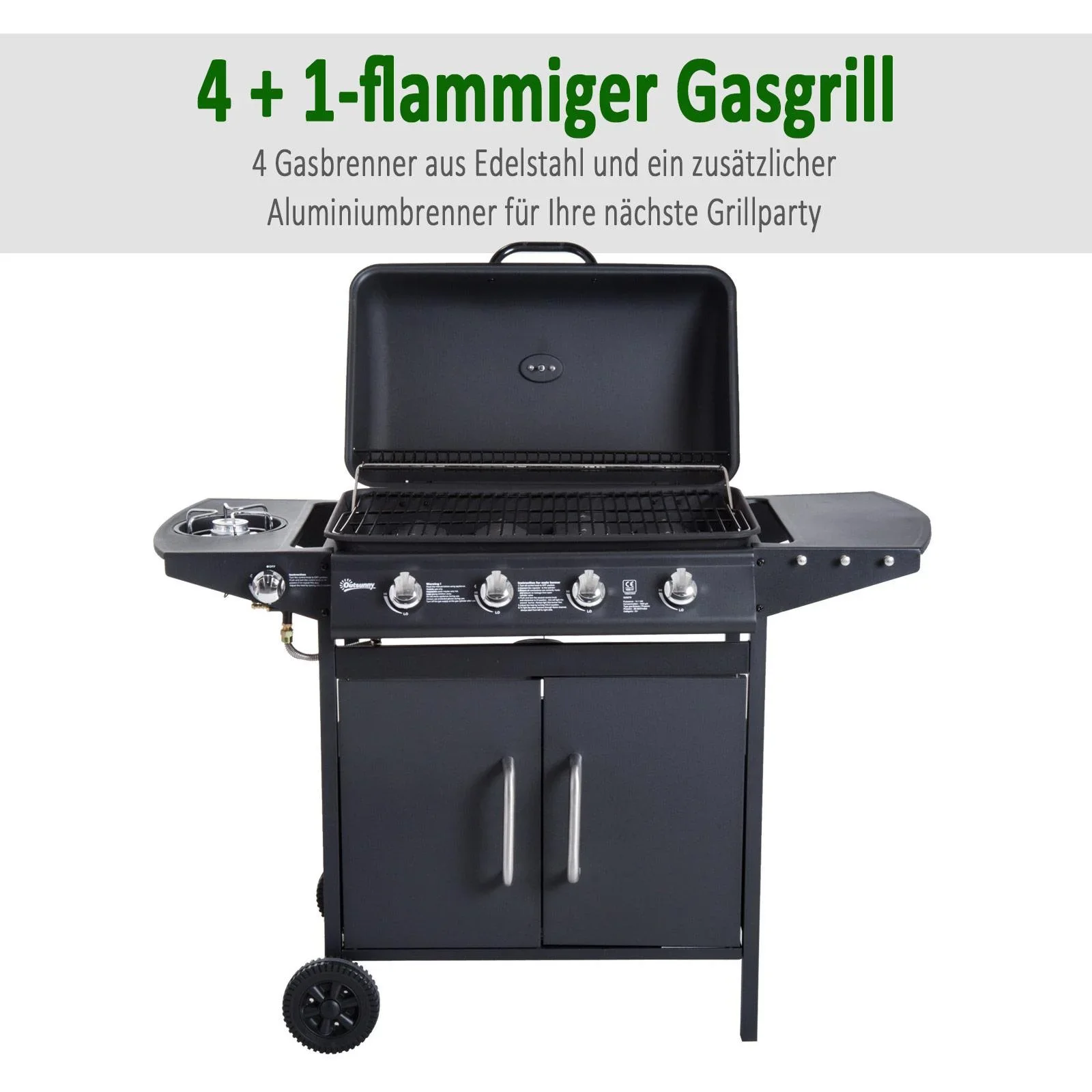 Gasgrill Grillwagen Außenküche Standgrill BBQ mit 4 x Brenner Thermometer Edelstahl 122 x 55 x 98 cm - 2