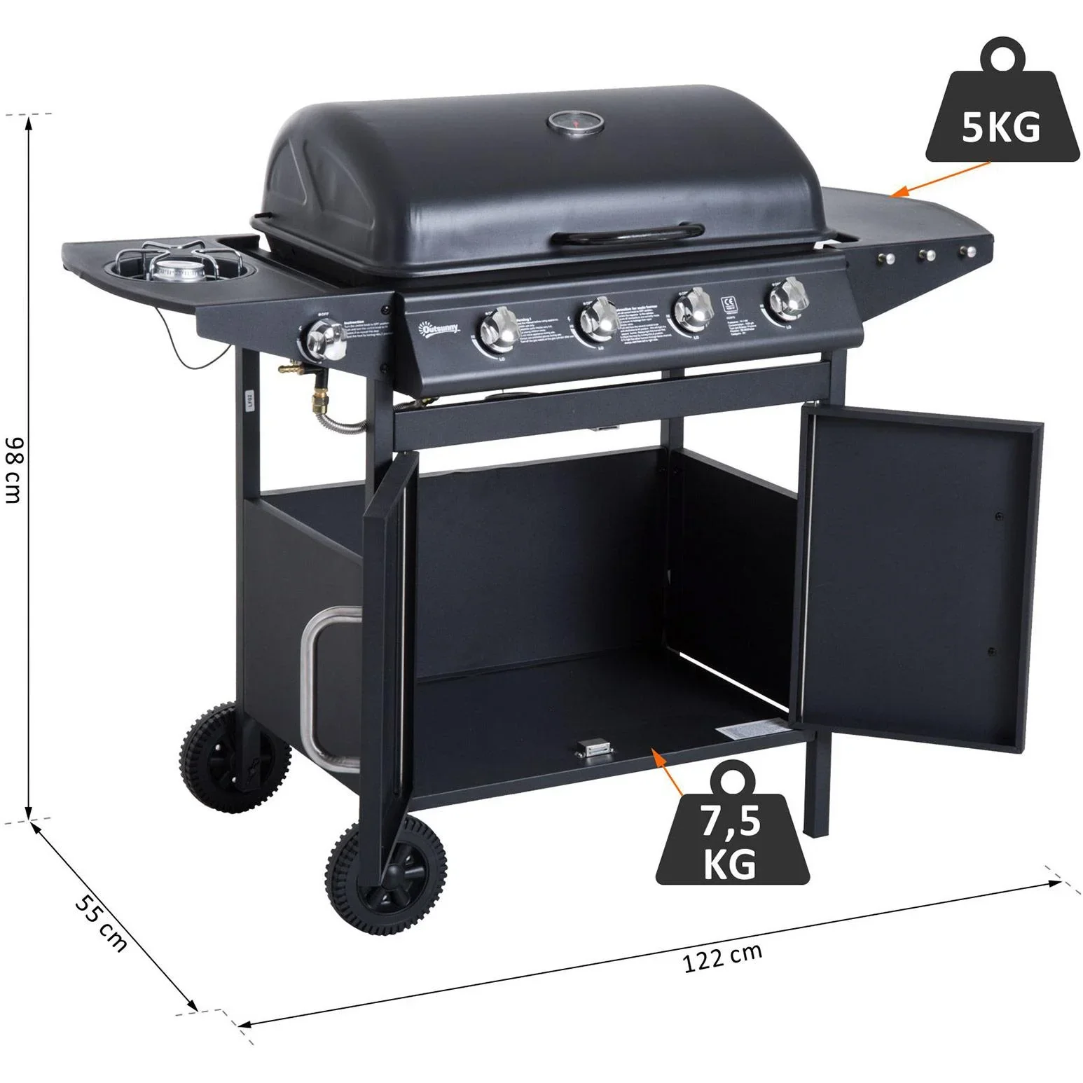 Gasgrill Grillwagen Außenküche Standgrill BBQ mit 4 x Brenner Thermometer Edelstahl 122 x 55 x 98 cm - 3