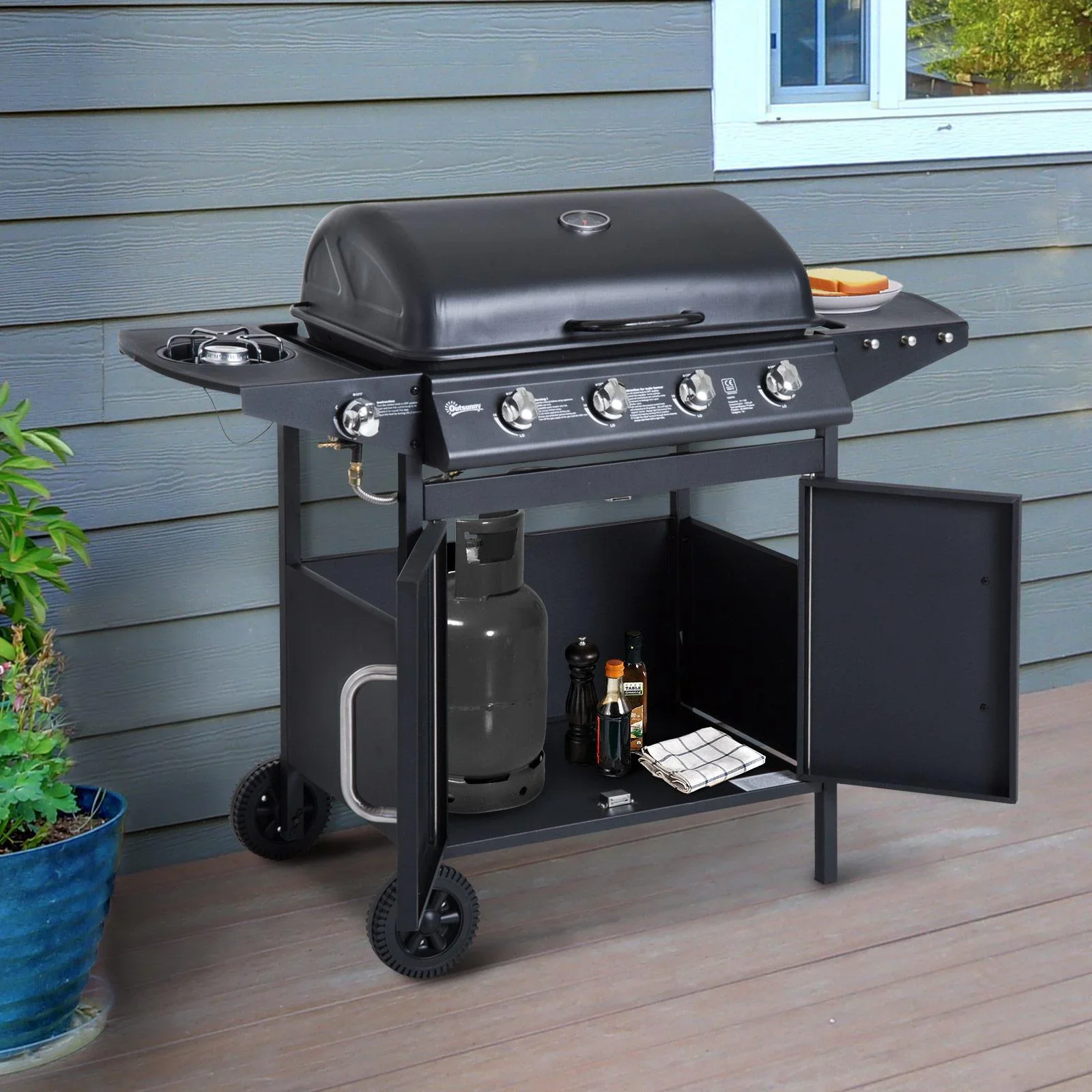 Gasgrill Grillwagen Außenküche Standgrill BBQ mit 4 x Brenner Thermometer Edelstahl 122 x 55 x 98 cm - 8