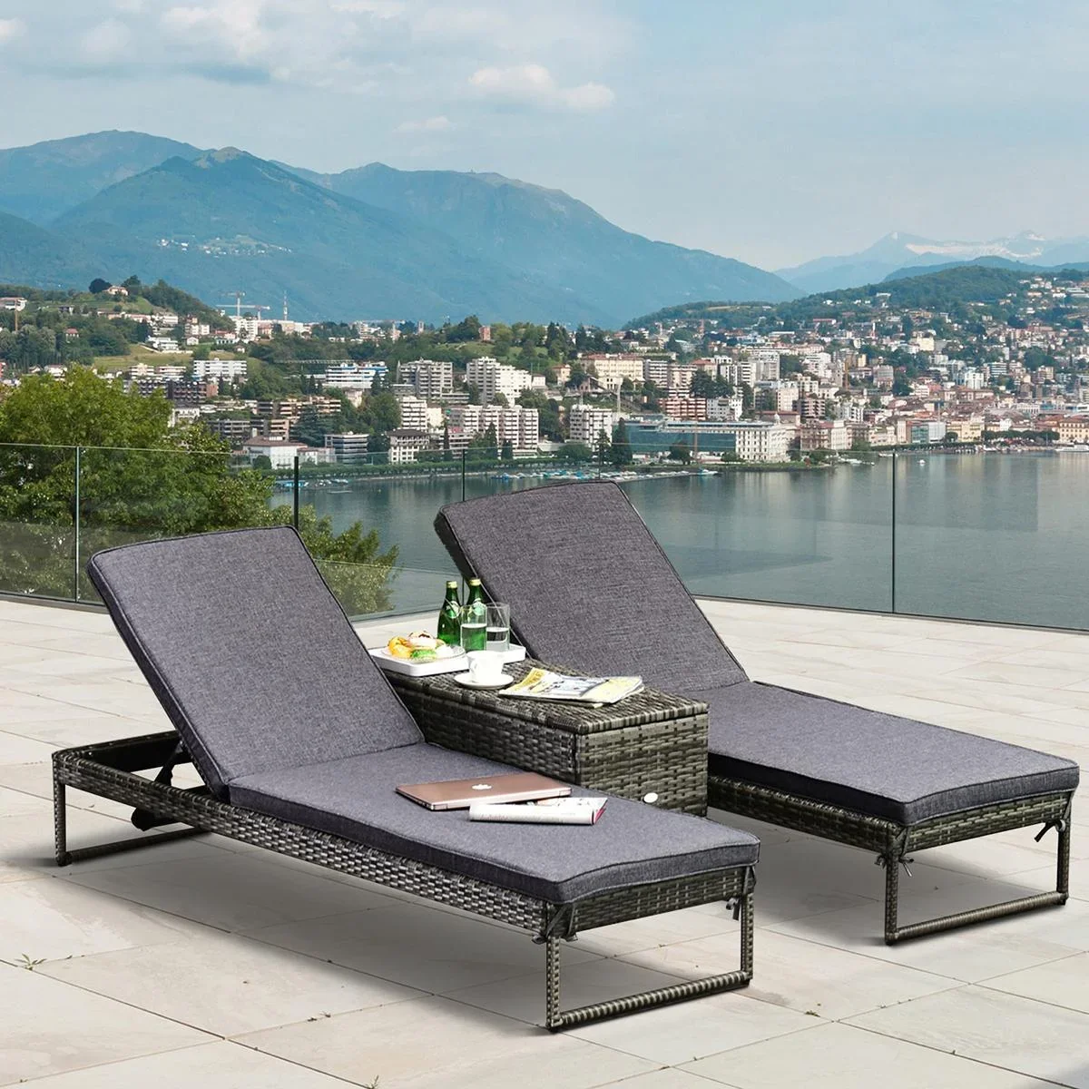 dreiteiliges Set Sonnenliege mit verstellbarer Rücklehne Garten Liege Teetisch Flammhemmende Polsterung Metall PE-Rattan - 1