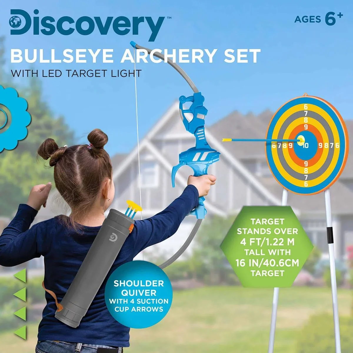 Discovery Kids Bullseye Bogenschießset mit LED-Licht zum Zielen - enthält 4 Pfeile und 1 Bogen - Köcher mit Riemen - 6
