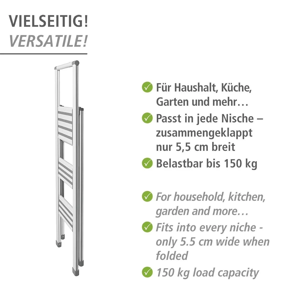 Alu-Design Klapptrittleiter 1-stufig Weiß, rutschfeste Haushaltsleiter, Sicherheits-Stehleiter - 2