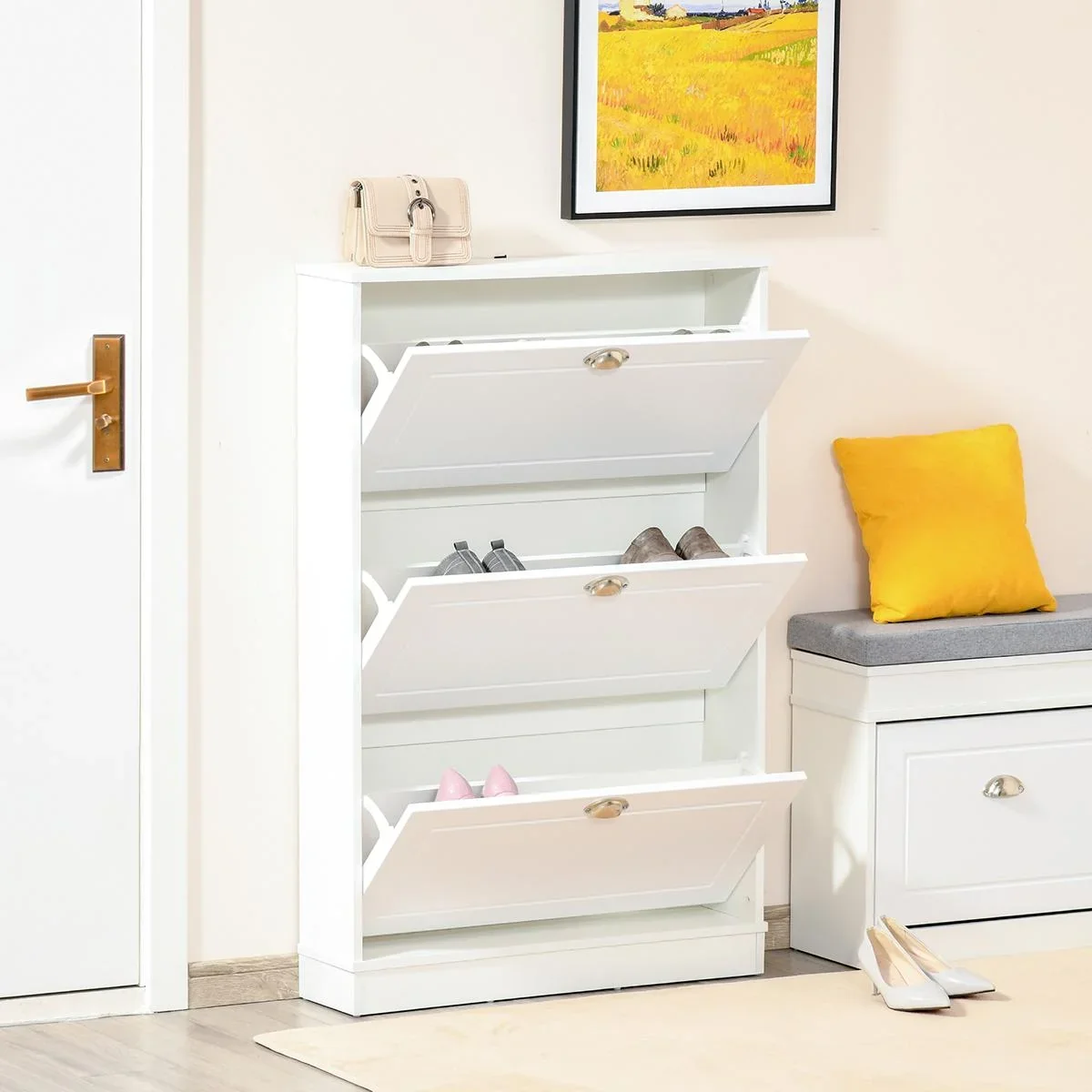 Schuhschrank Schuhregal geräumig hölzern mit Türen und Regalen Spanplatte Weiß 76,2 x 19 x 116,8 cm - 1