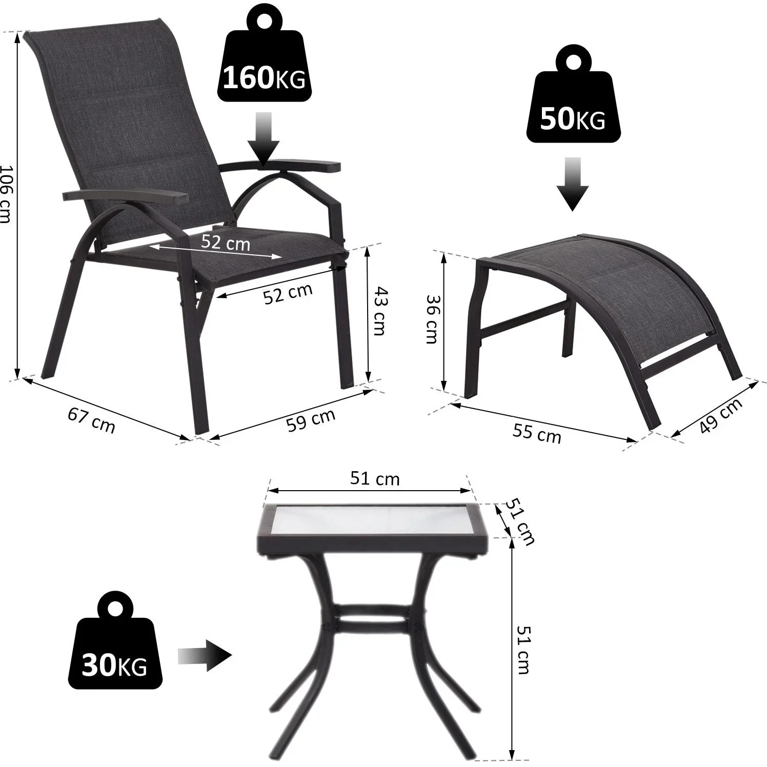 5 tlg, Gartengarnitur Gartensitzgruppe Gartentischset Gartenliege gepolstert Schwarz 2 x Sessel 2 x Hocker 1 x Tisch - 7