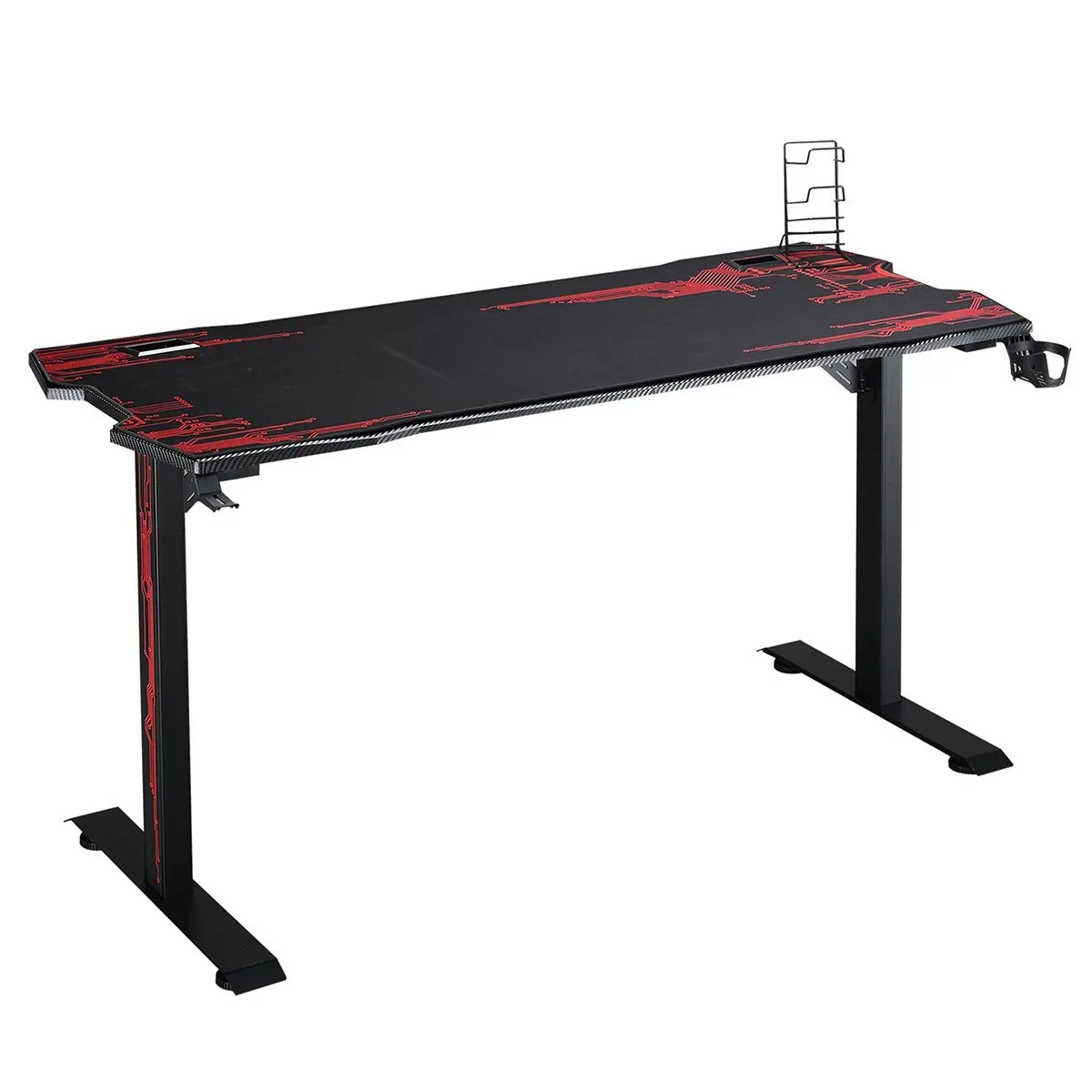 Gaming Tisch Schreibtisch mit Kopfhörerhaken Getränkehalterung Computertisch MDF Metall Schwarz+Rot 140 x 70 x 77 cm - 0