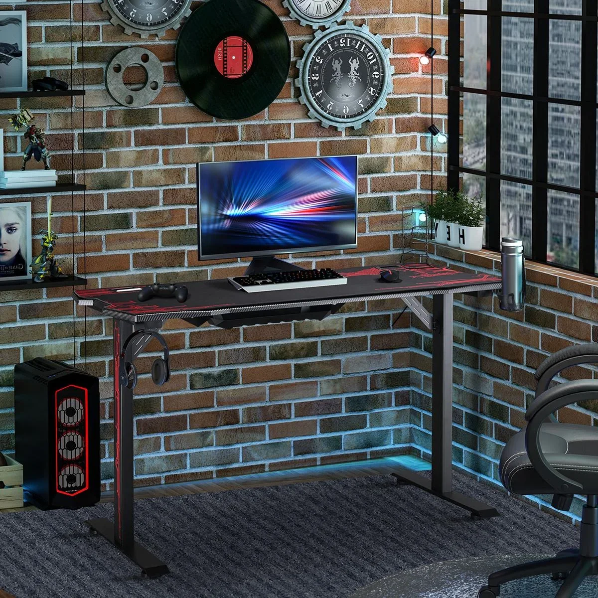 Gaming Tisch Schreibtisch mit Kopfhörerhaken Getränkehalterung Computertisch MDF Metall Schwarz+Rot 140 x 70 x 77 cm - 1
