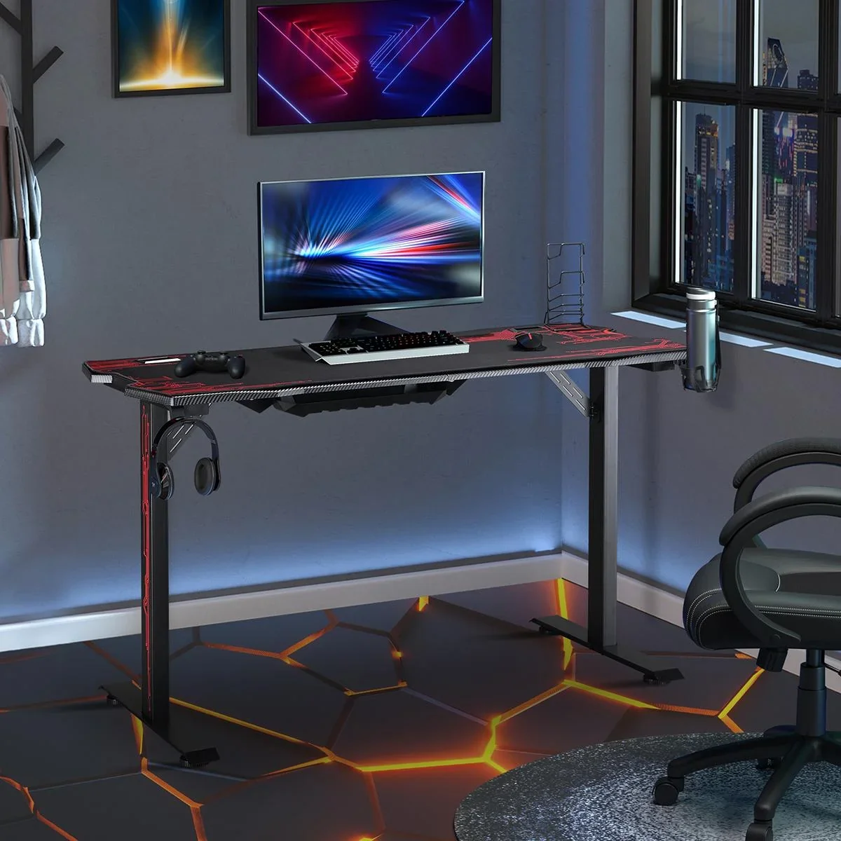 Gaming Tisch Schreibtisch mit Kopfhörerhaken Getränkehalterung Computertisch MDF Metall Schwarz+Rot 140 x 70 x 77 cm - 2