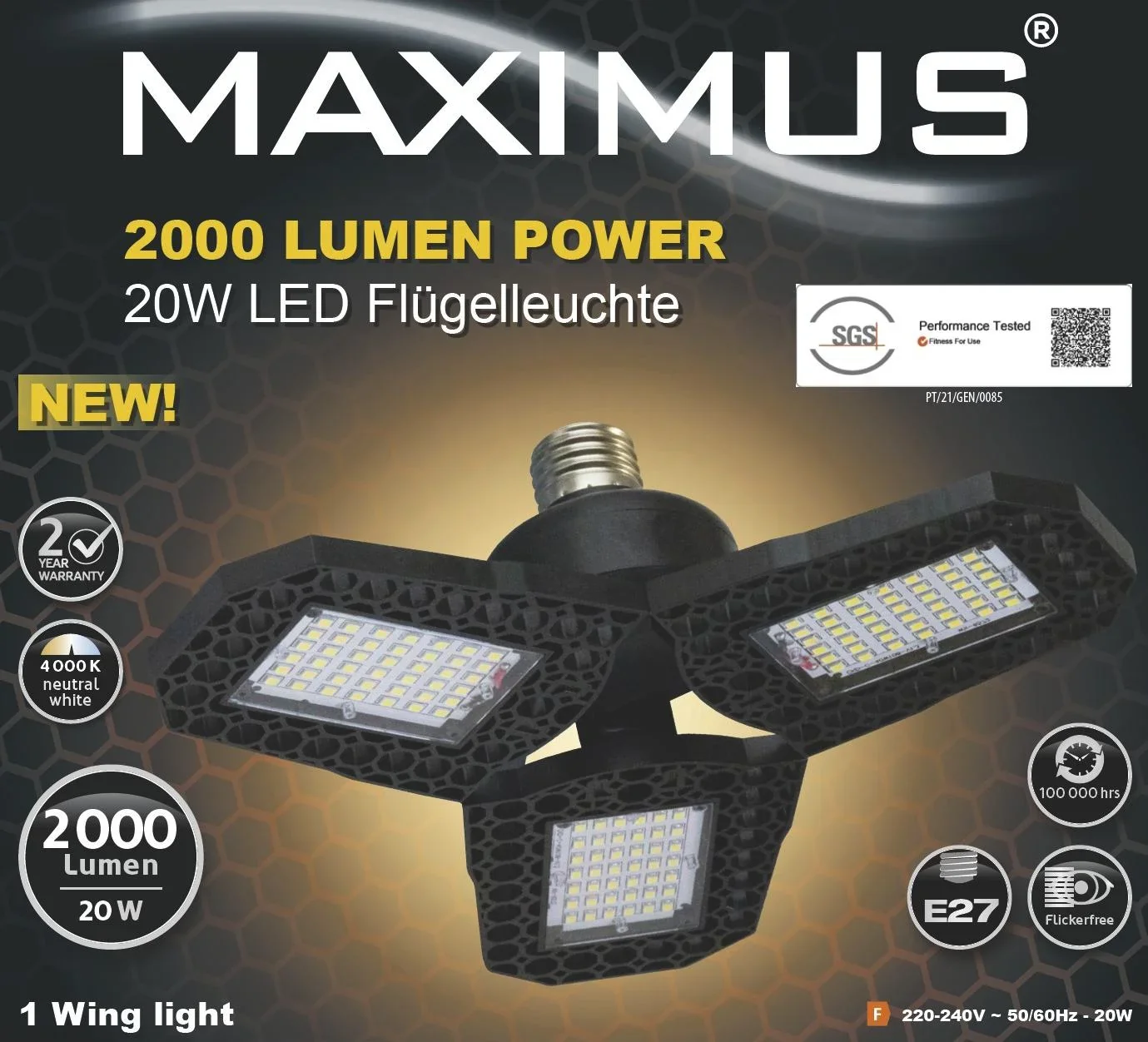 LED-Flügelleuchte, 20 Watt, 2000 Lumen, neutralweiß - 0