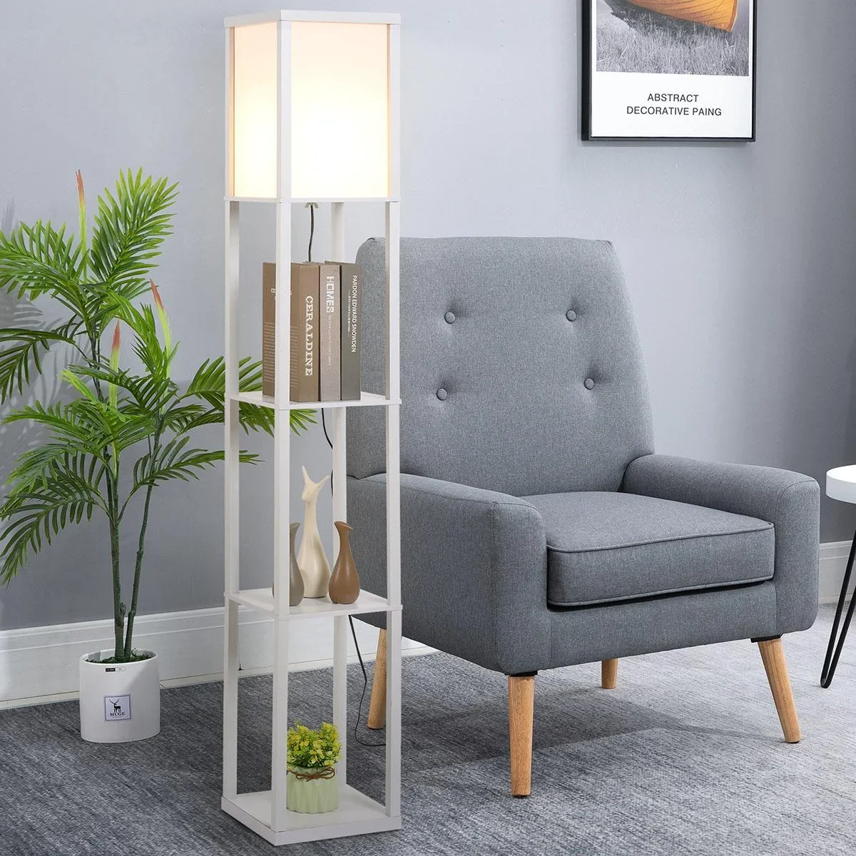 Stehleuchte Stehlampe mit 3 Regalen Innenbeleuchtung E27 bis 40W für Wohn-/Schlafzimmer E1-MDF, Acryl Weiß 26 x 26 x 160 - 0