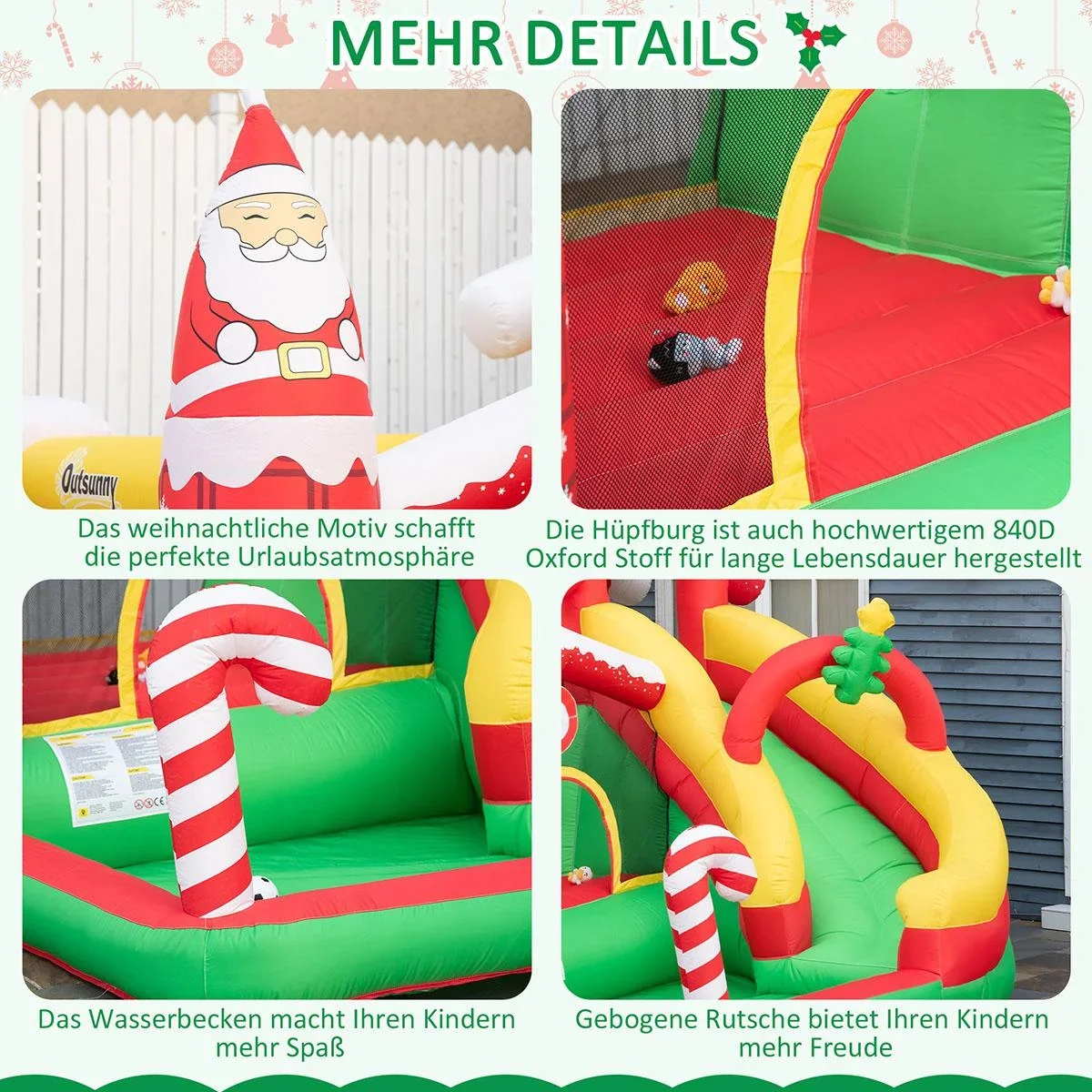 Weihnachten Aufblasbare Hüpfburg für 3 Kinder Springburg mit Gebläse für 3-8 Jahre Rot+Grün+Weiß 290 x 280 x 220 cm - 0