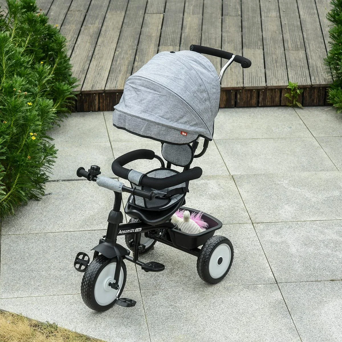 6 in 1 Kinderdreirad Dreirad Kinder Fahrrad Rad Kinderwagen Schubstange Sonnendach Sicherheitsgurt 6-60 Monate Grau+Schw - 1