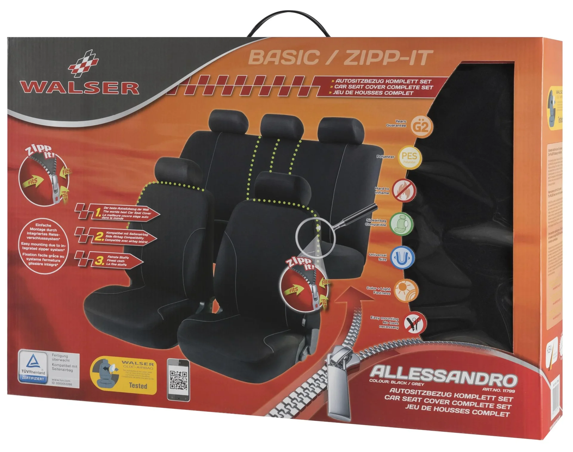 Auto Sitzbezüge ZIPP-IT Basic Allessandro grau mit Reissverschluss System - 0