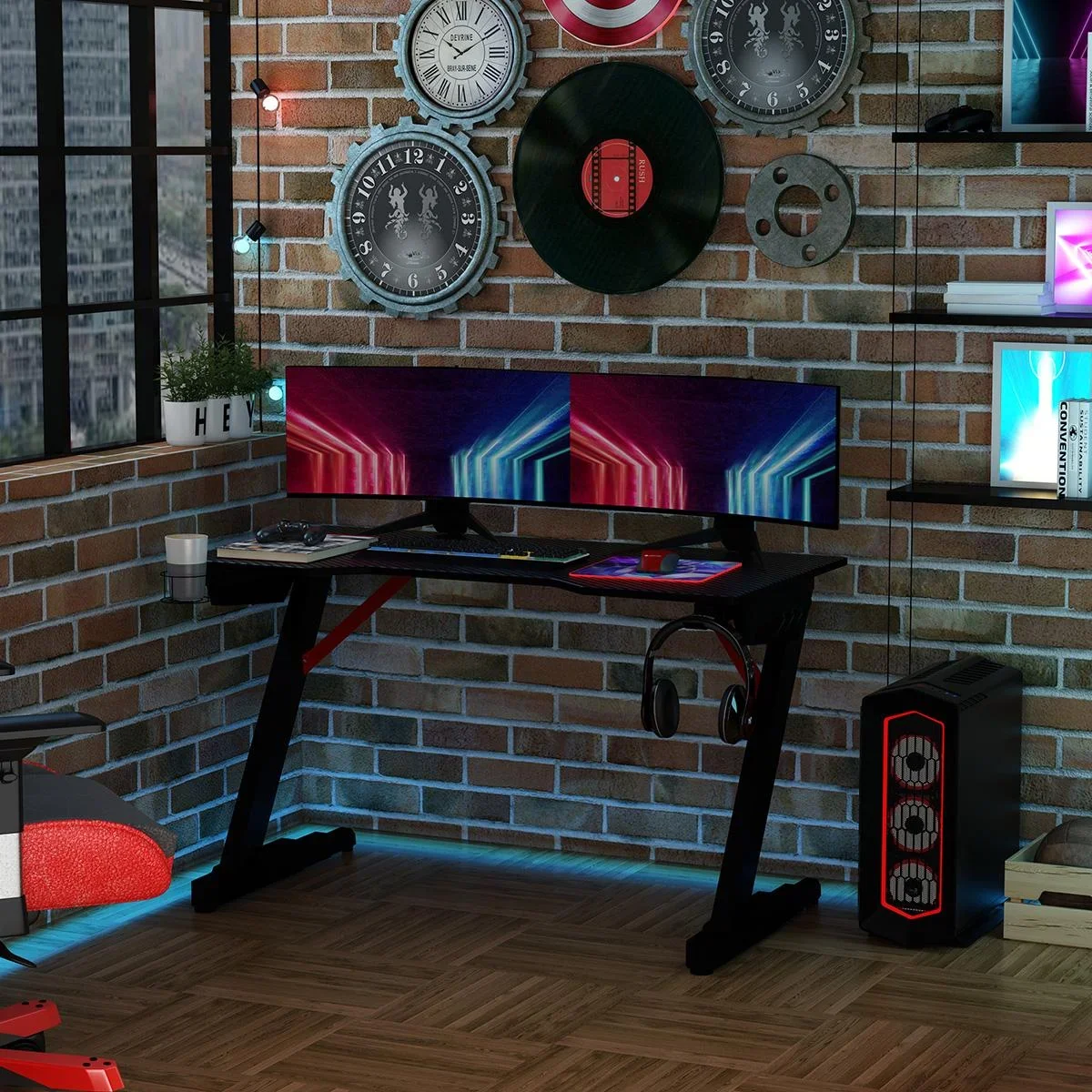 Gaming-Tisch Spieltisch mit LED-Licht Schreibtisch mit Kopfhörerhaken Getränkehalterung Computertisch MDF Metall ABS Sc - 0