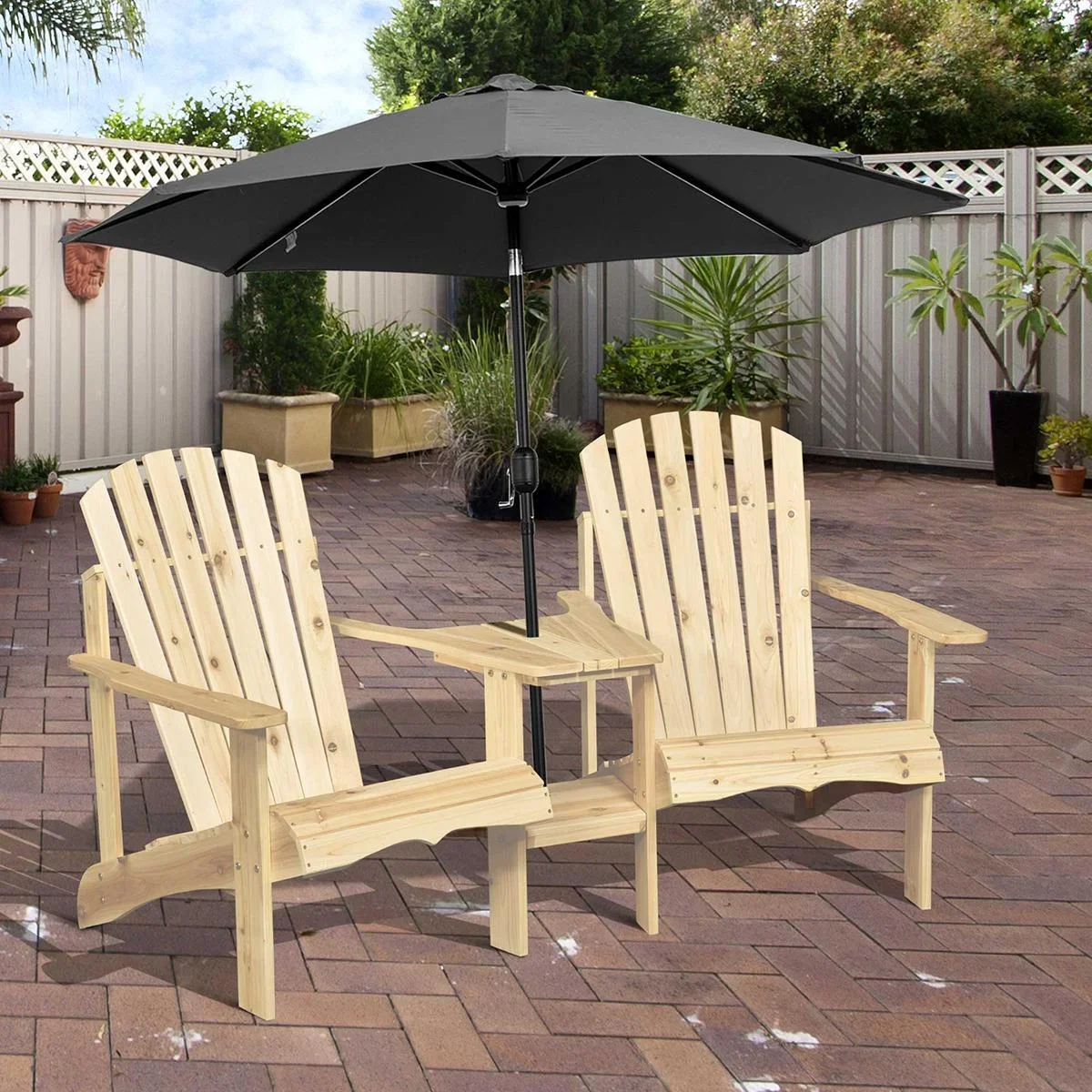 Adirondack Gartenstuhl mit Tisch und Schirmloch 2 Sitzer Gartensessel Sitzgruppe Gartenmöbel für Balkon Massivholz Natur - 0